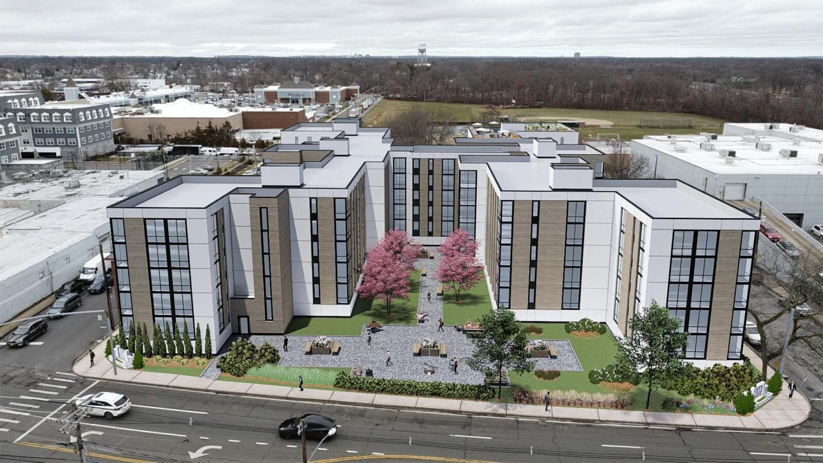 Aerial rendering of The Gardens at Buffalo courtyard